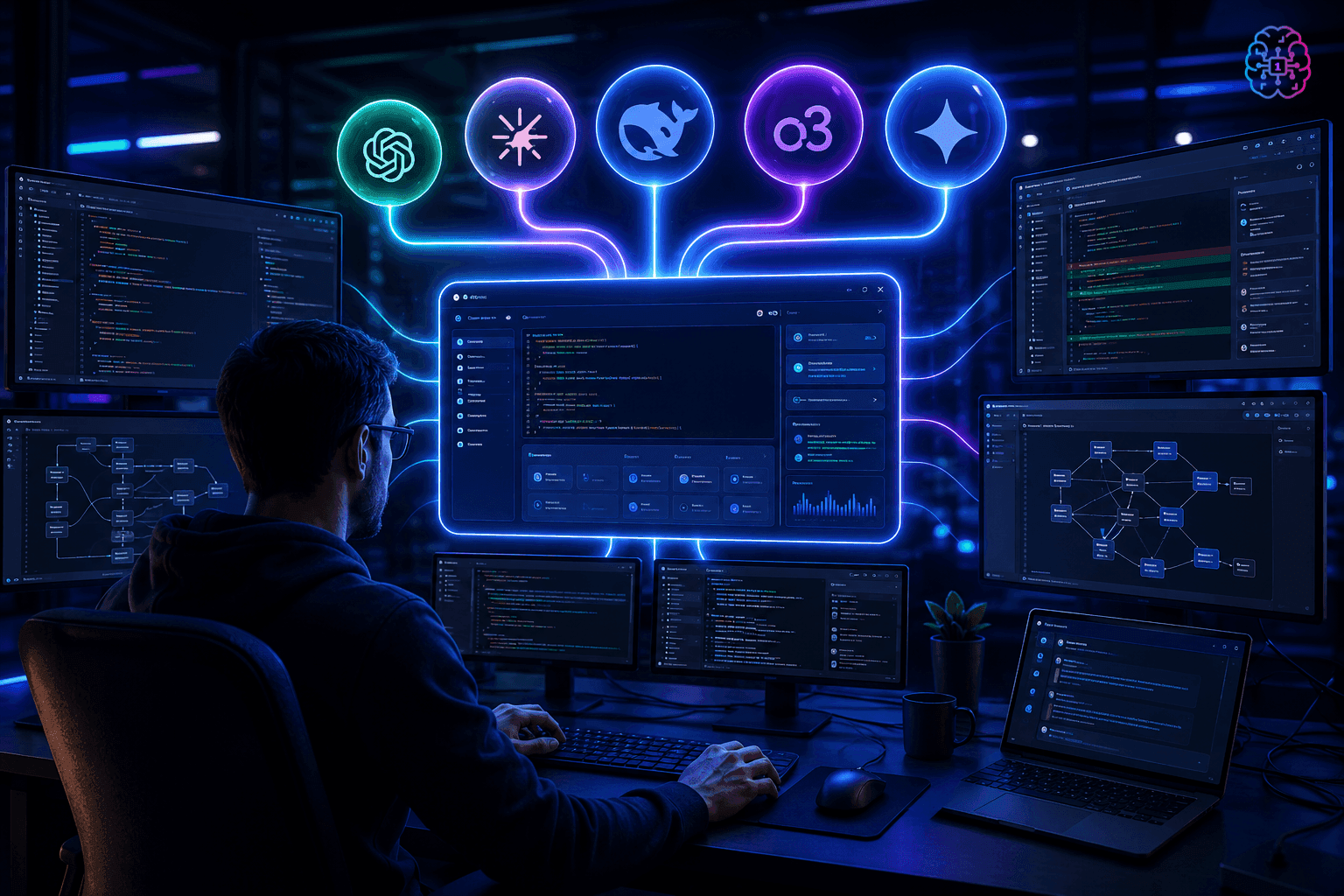 Developer working on code at a multi-screen desk with glowing interconnected service icons.