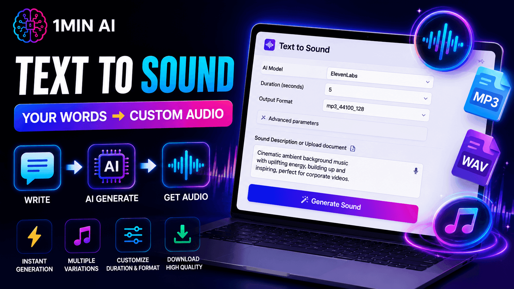 1MIN AI Text to Sound platform for generating custom audio from written words.