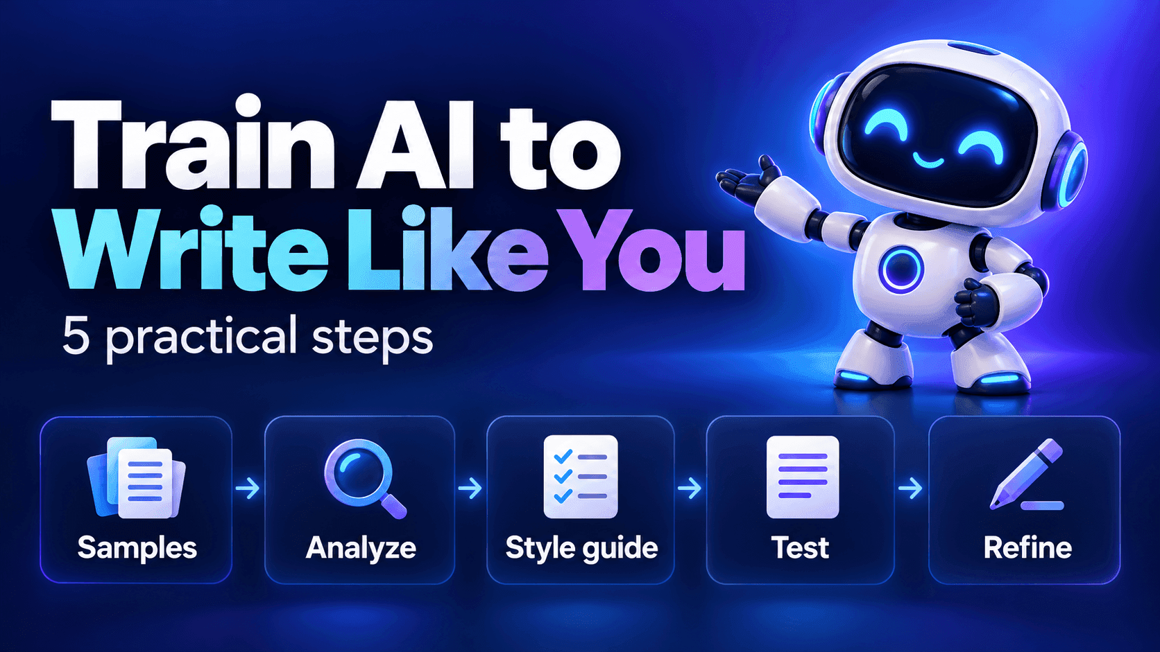 Five-step workflow for guiding AI to match your writing style, from collecting samples to refining drafts.