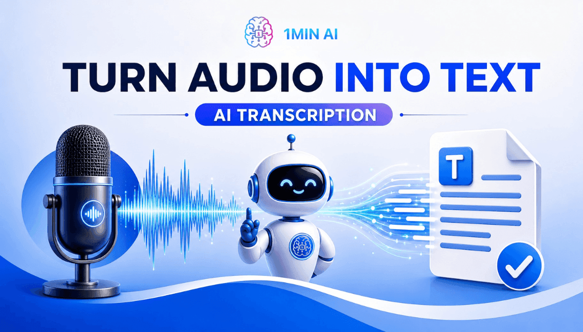 Graphic depicting 1MIN AI turning audio into text using a microphone, robot, and document icon.