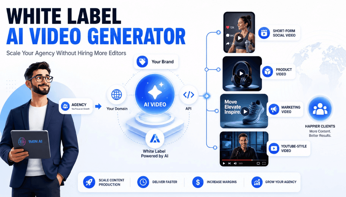 Diagram explaining a white label AI video generator for agencies to scale content production.