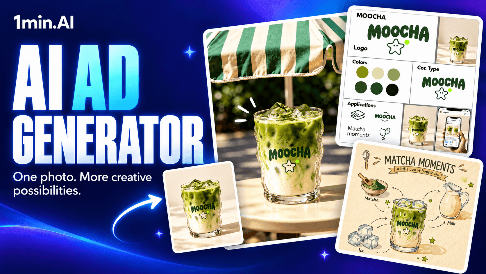 AI ad generator thumbnail showing a MOOCHA matcha product photo alongside a café ad, brand guideline board, and illustrated ingredient visual.