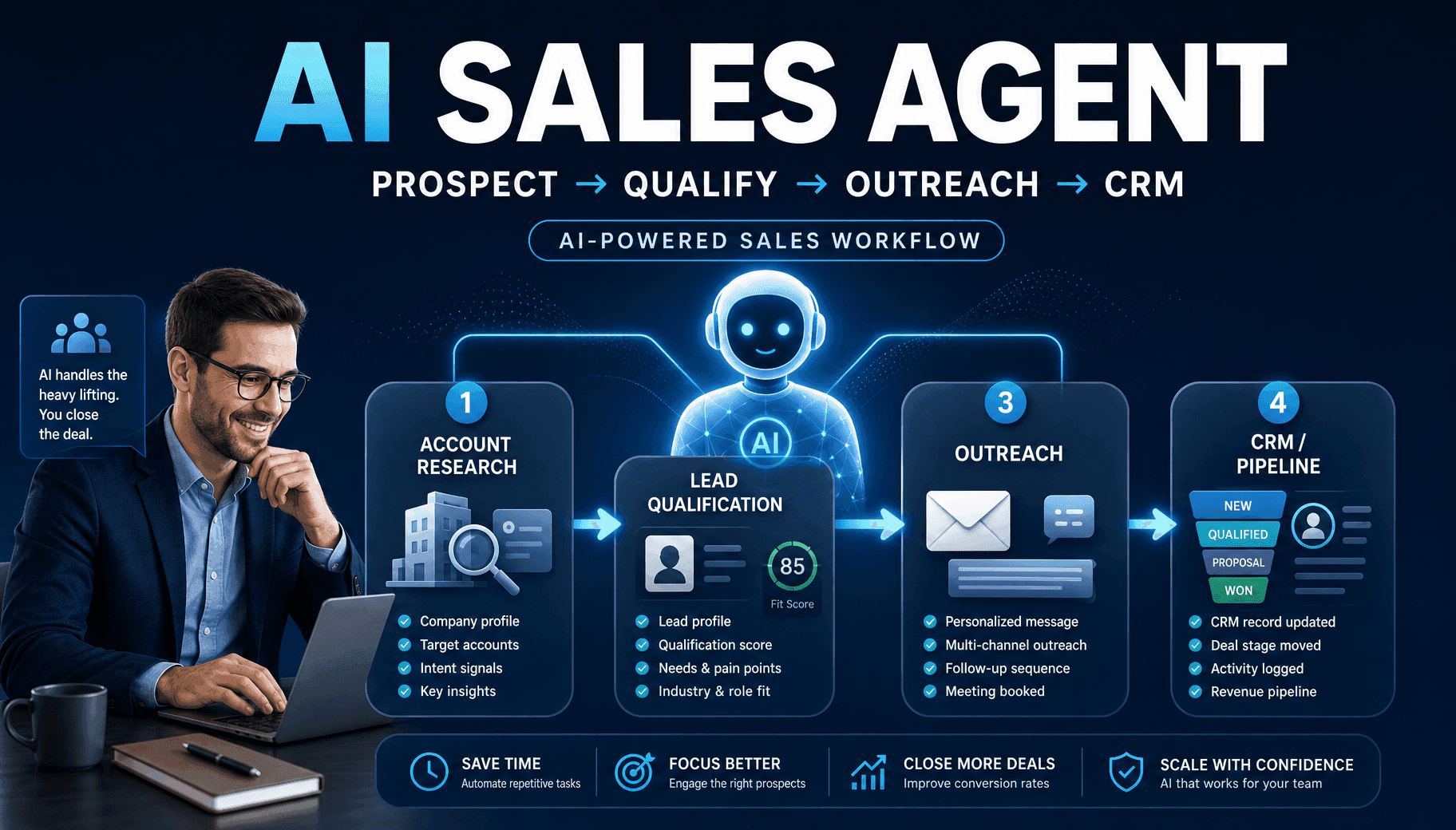 AI Sales Agent workflow diagram illustrating prospect, qualify, outreach, and CRM stages.