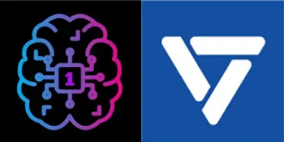 AI brain with a '1' chip next to the white Vercel logo on a blue background.