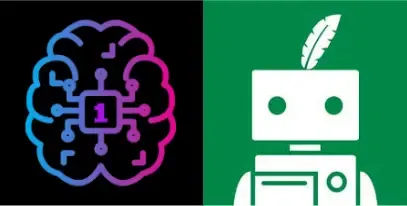 Stylized brain with microchip next to a white robot head wearing a feather.