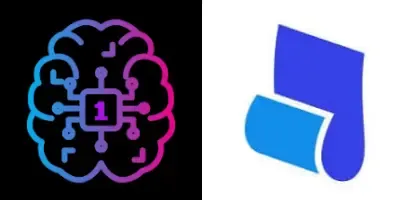 Gradient outline of a brain with integrated circuit next to a blue folded paper logo.