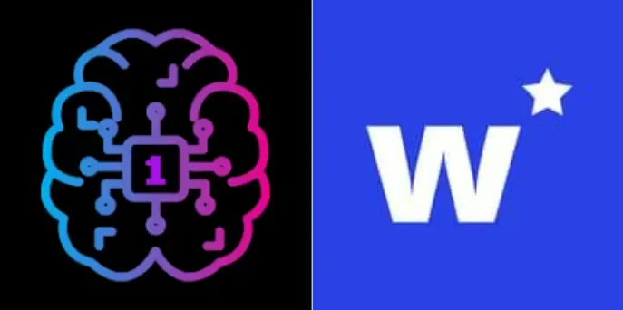 Gradient AI brain icon with central microchip, beside a blue 'W' logo and star.