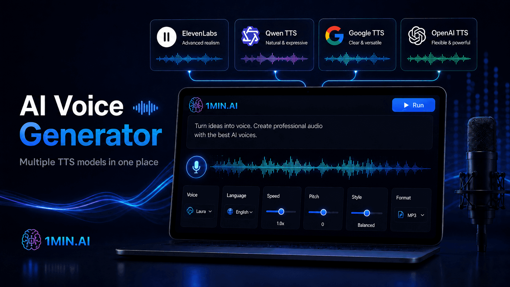 AI Voice Generator software on a laptop, showing multiple TTS models and a microphone.