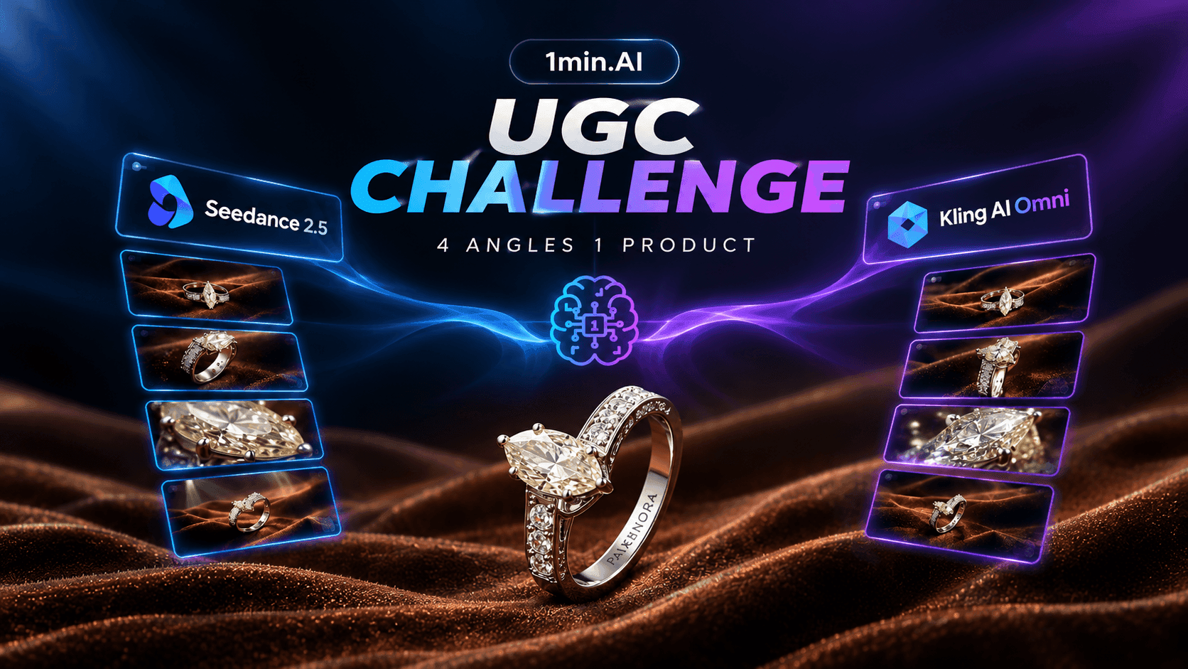 1min.AI UGC Challenge with diamond ring, Seedance 2.0 and Kling AI angles.