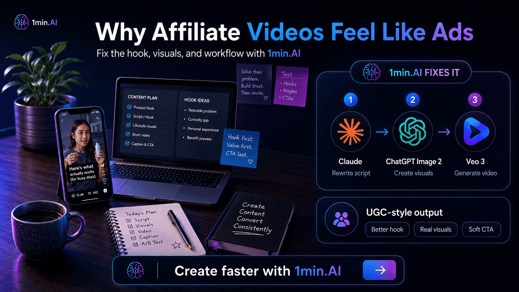 Promotional graphic for 1min.ai, showing a workflow to create UGC-style affiliate videos.