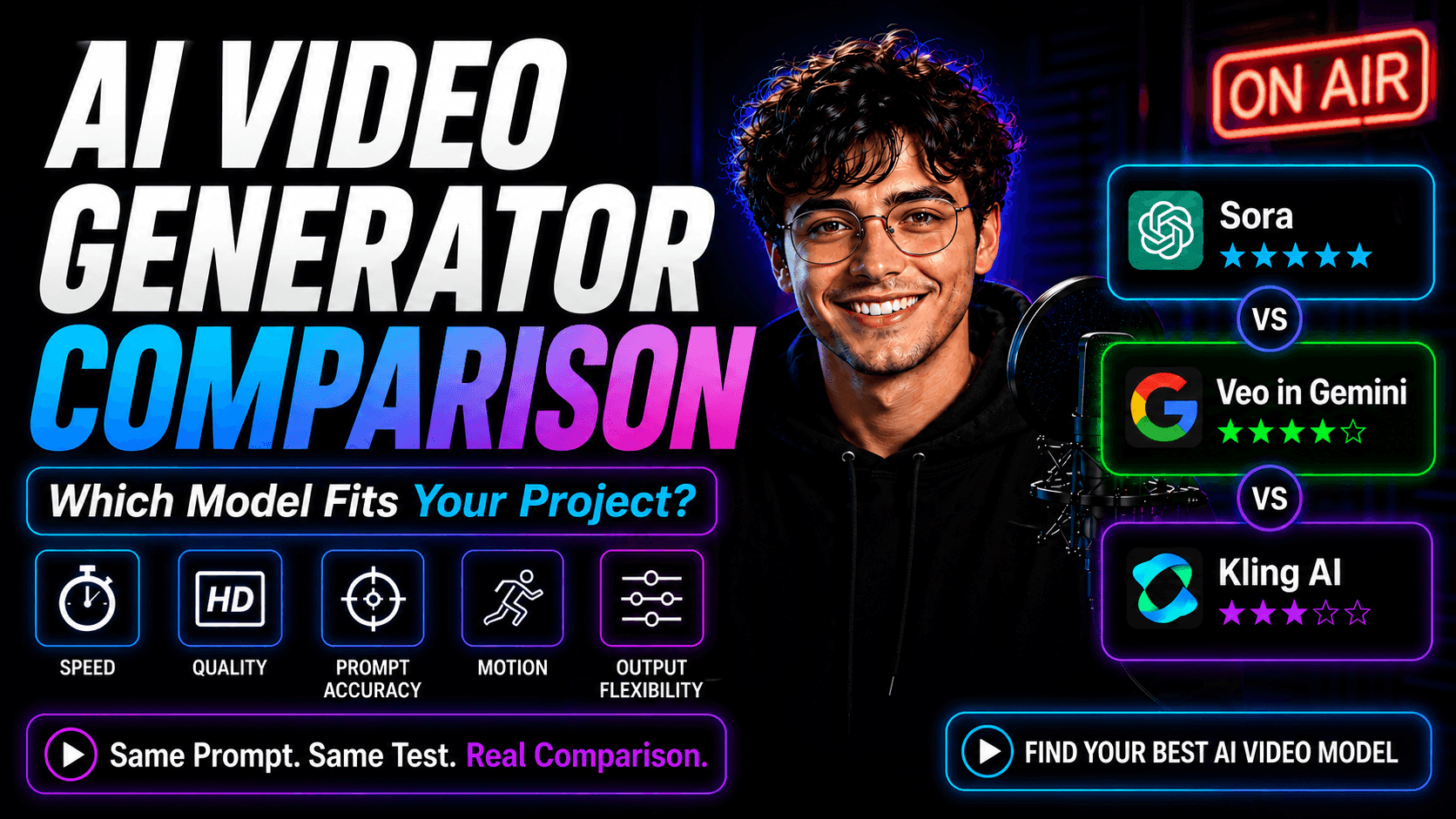 Smiling man presents 'AI Video Generator Comparison' featuring Sora, Veo, and Kling AI models.
