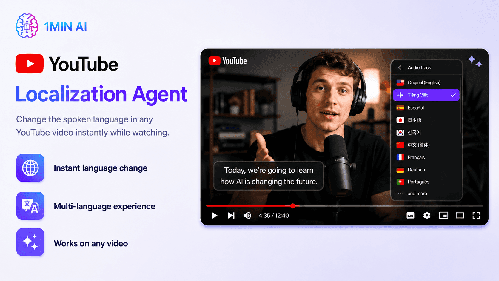 SMIN AI YouTube Localization Agent changes spoken language instantly in any video.