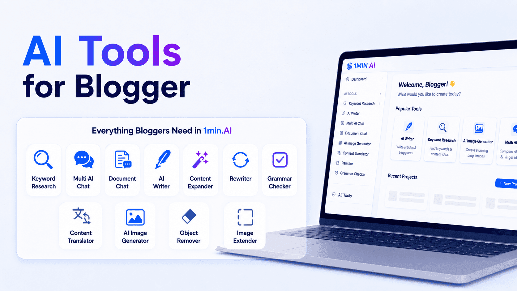 1min.AI AI Tools for Blogger platform with content creation features displayed on a laptop.