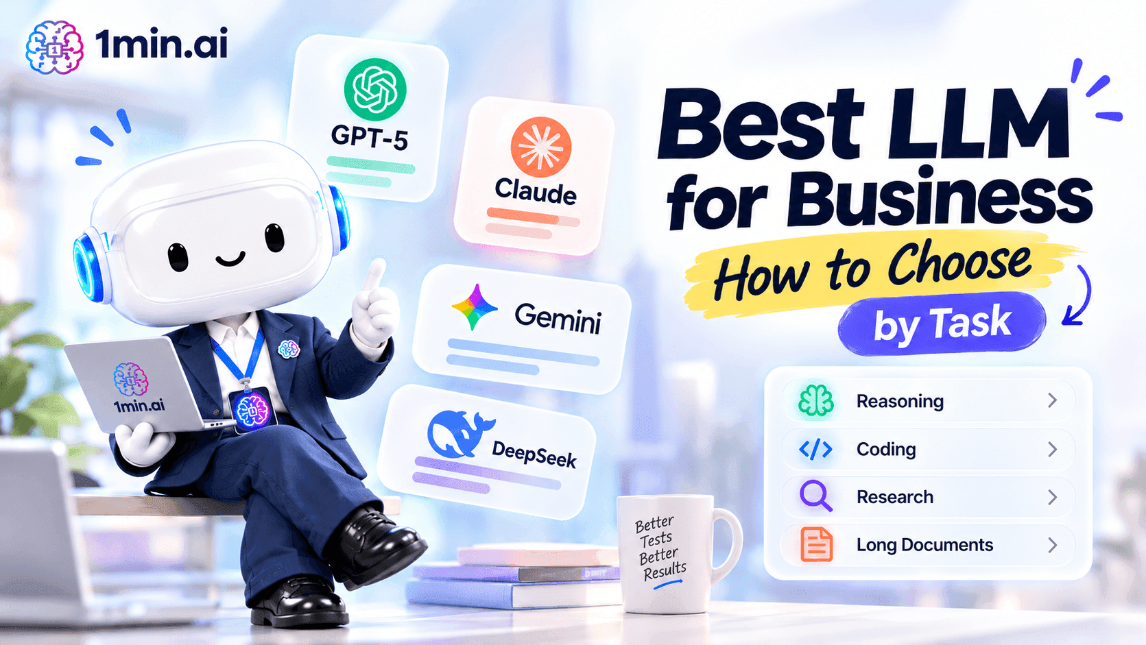 Best LLM for business infographic comparing AI model evaluation criteria, including accuracy, reasoning, speed, and cost.