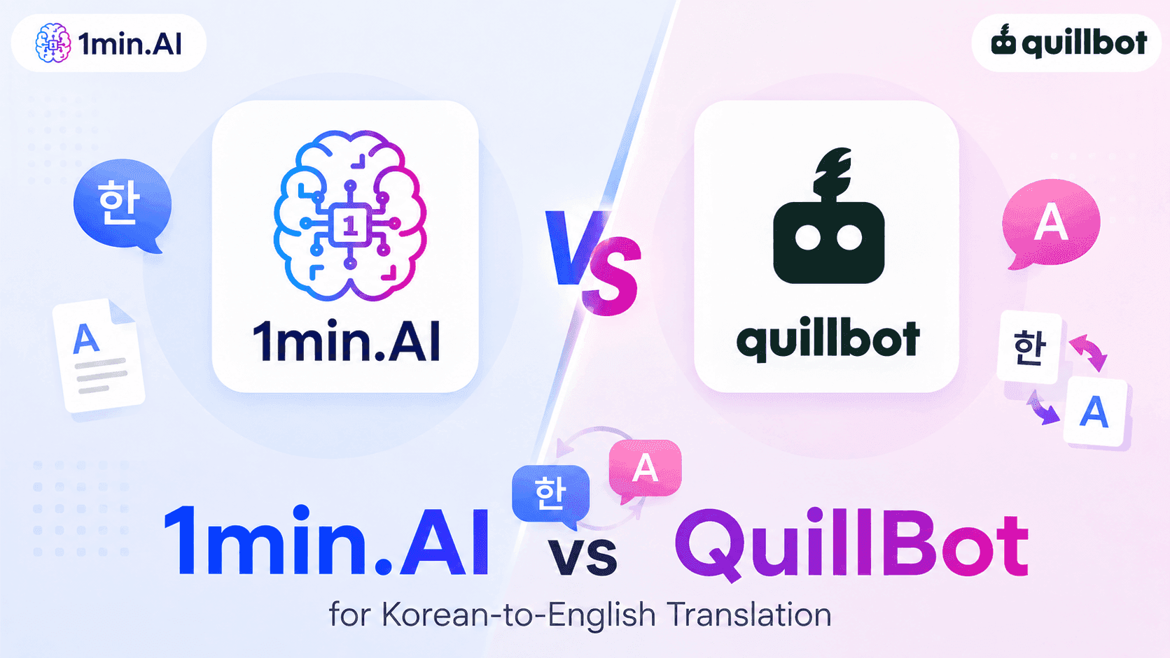 Comparison graphic of 1min.AI and QuillBot for Korean-to-English translation capabilities.