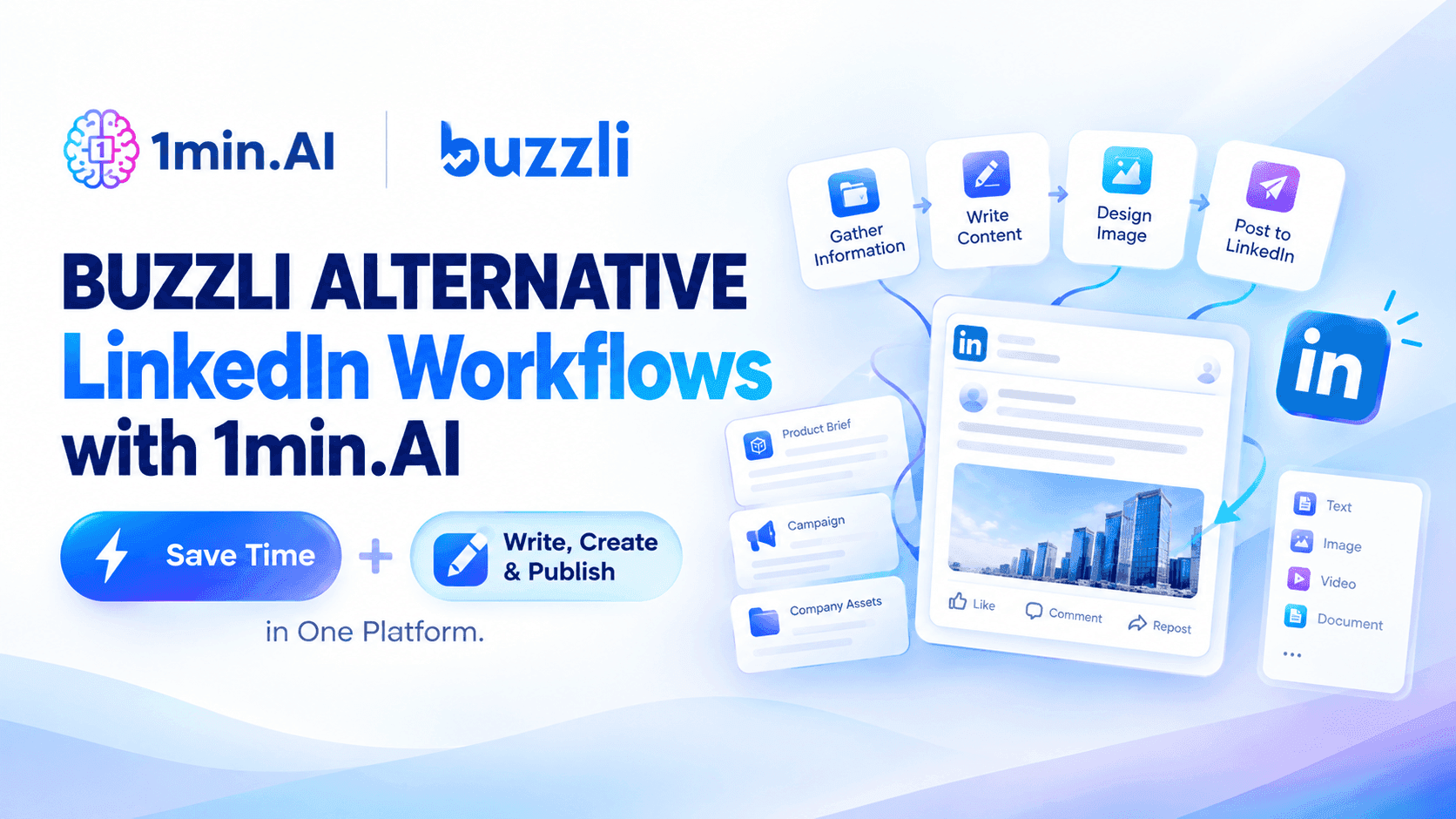 1min.AI and Buzzli logos on a thumbnail highlighting LinkedIn writing, image creation, and publishing in one platform.