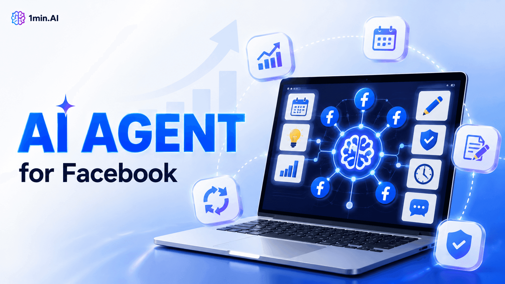 Laptop showing 'AI AGENT for Facebook' with a central brain and surrounding digital icons.