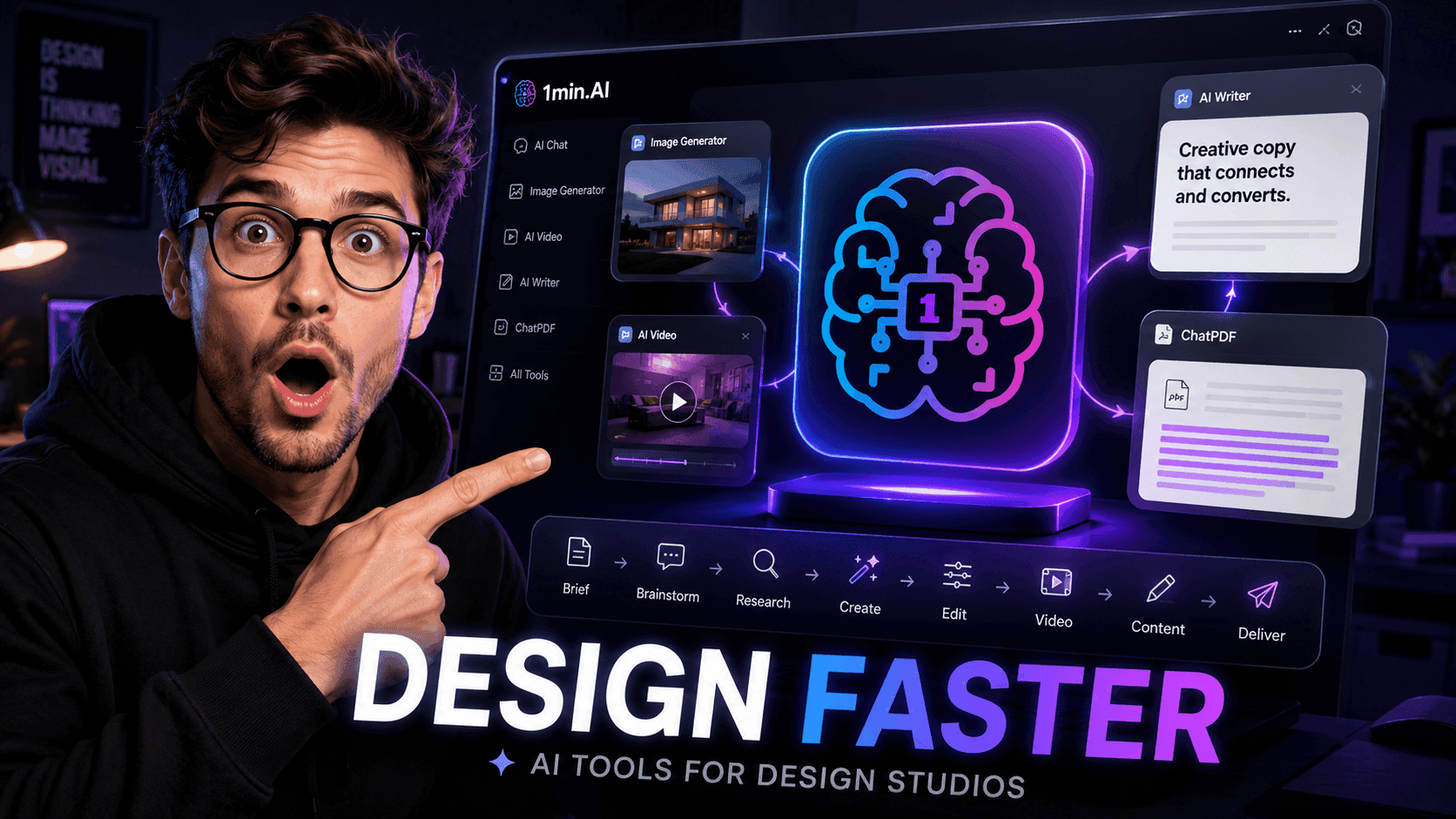 Man pointing at a laptop screen displaying an AI design tool with neon brain icon.