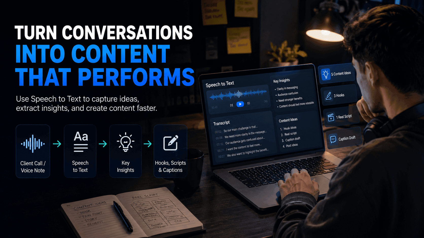 A person uses a laptop with speech-to-text software to convert conversations into performant content.