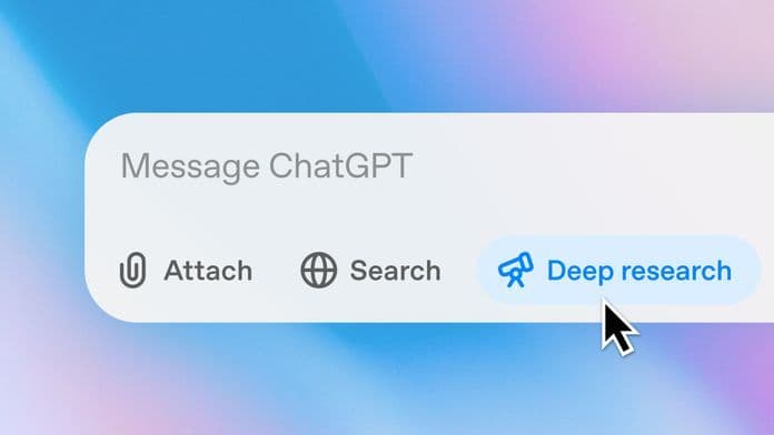 A mouse cursor points to the 'Deep research' option within the ChatGPT message interface.