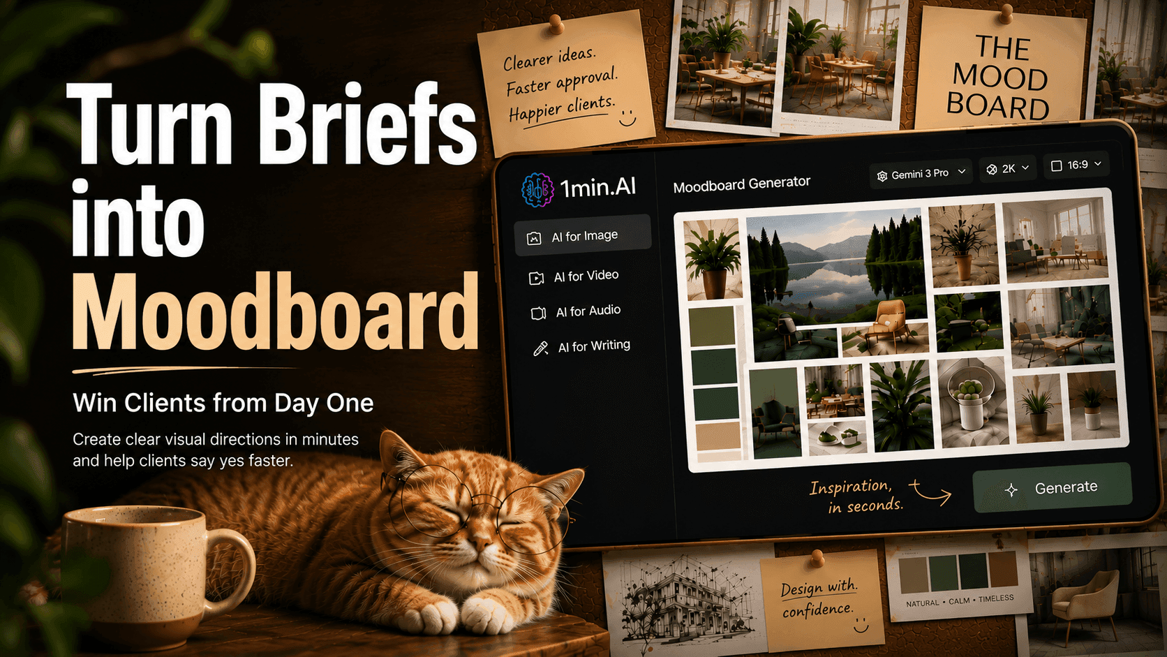 AI moodboard generator interface showing green-themed visuals, alongside a sleeping cat and promotional text.