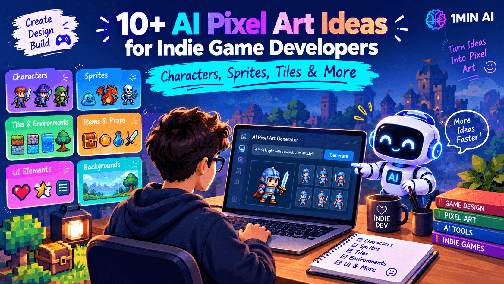 A person generates pixel art for indie games using an AI tool on a laptop.