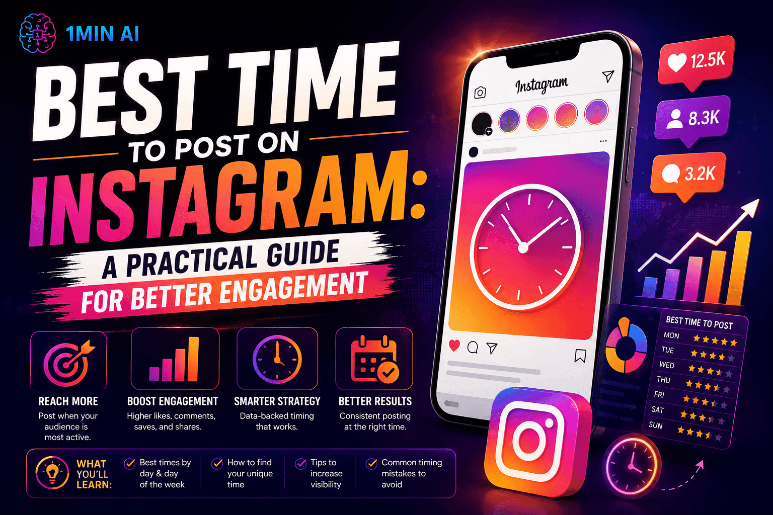 Graphic for a guide titled 'Best Time to Post on Instagram' with engagement metrics.
