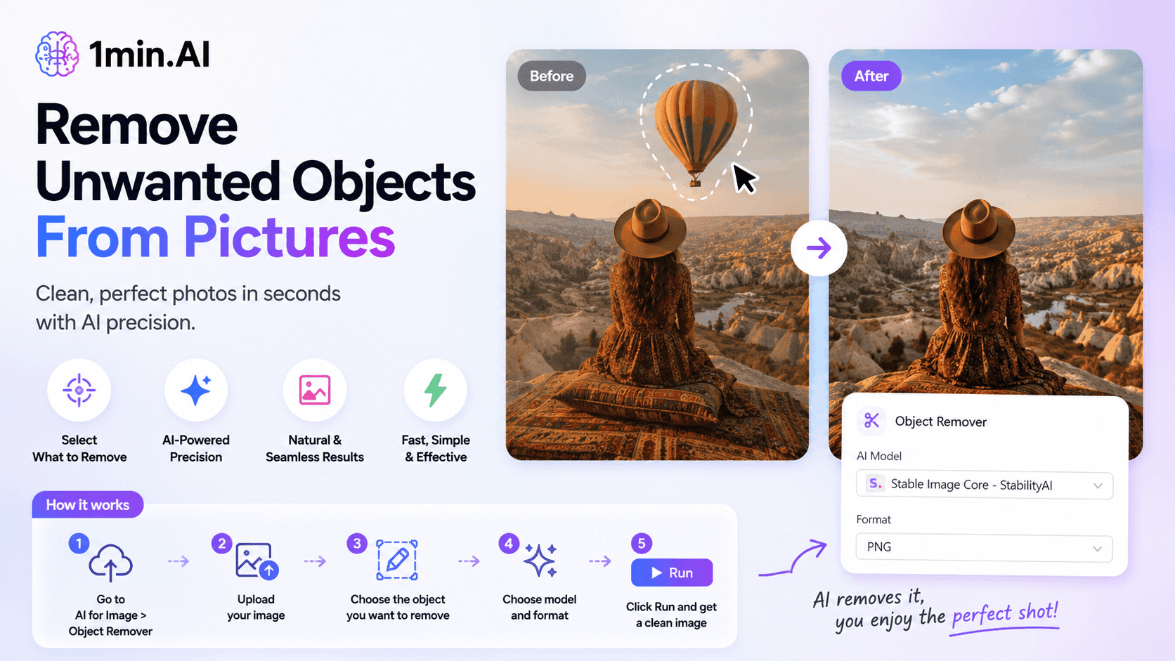Graphic demonstrating 1min.ai's AI object removal feature for cleaning up photos.
