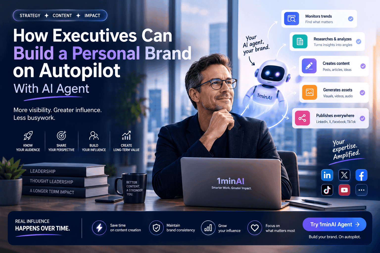 Executive with Twin.ai laptop and AI agent, promoting automated personal brand building.