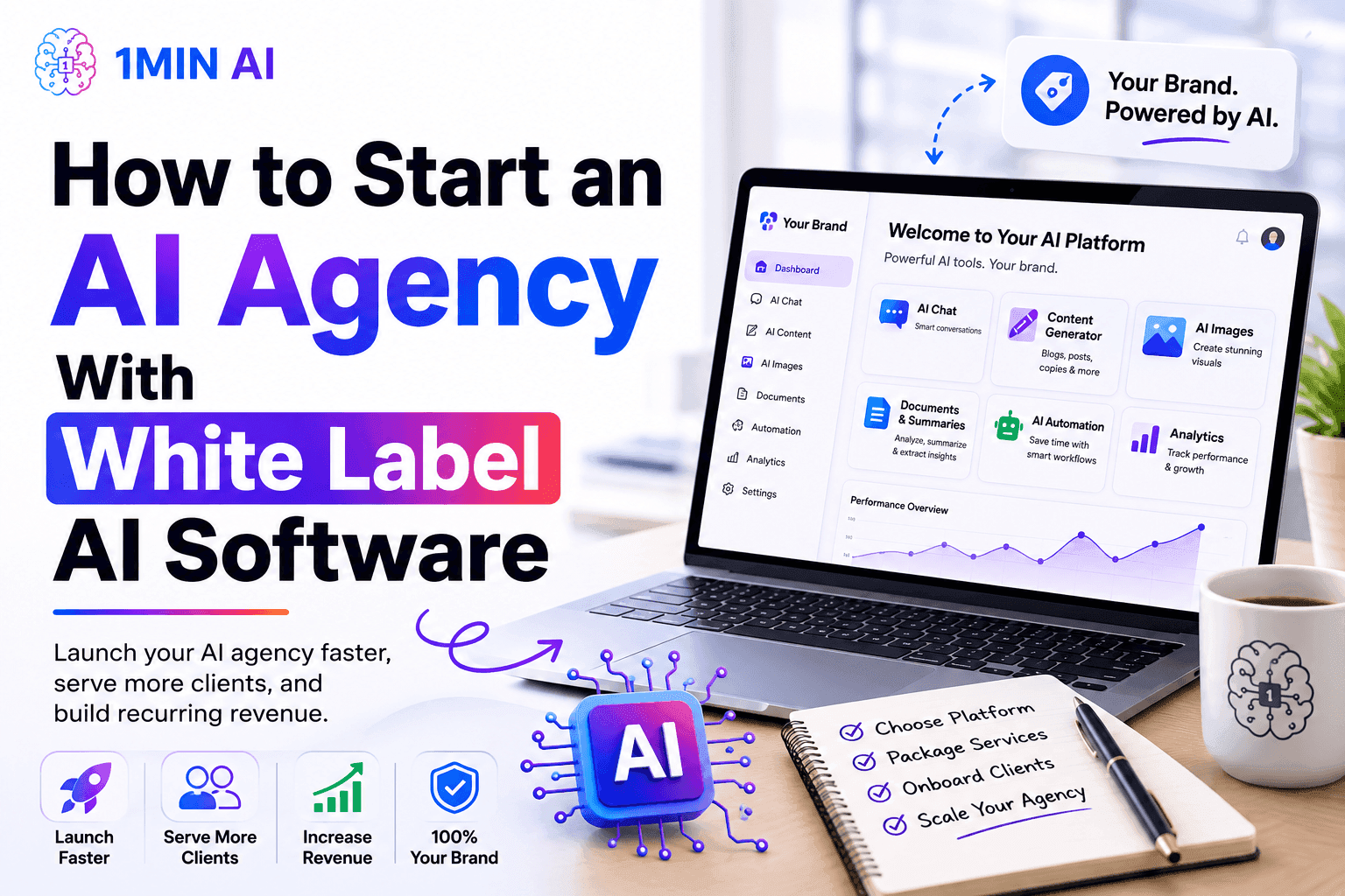 Promotional graphic for '1MIN AI' about launching an AI agency with white label software.