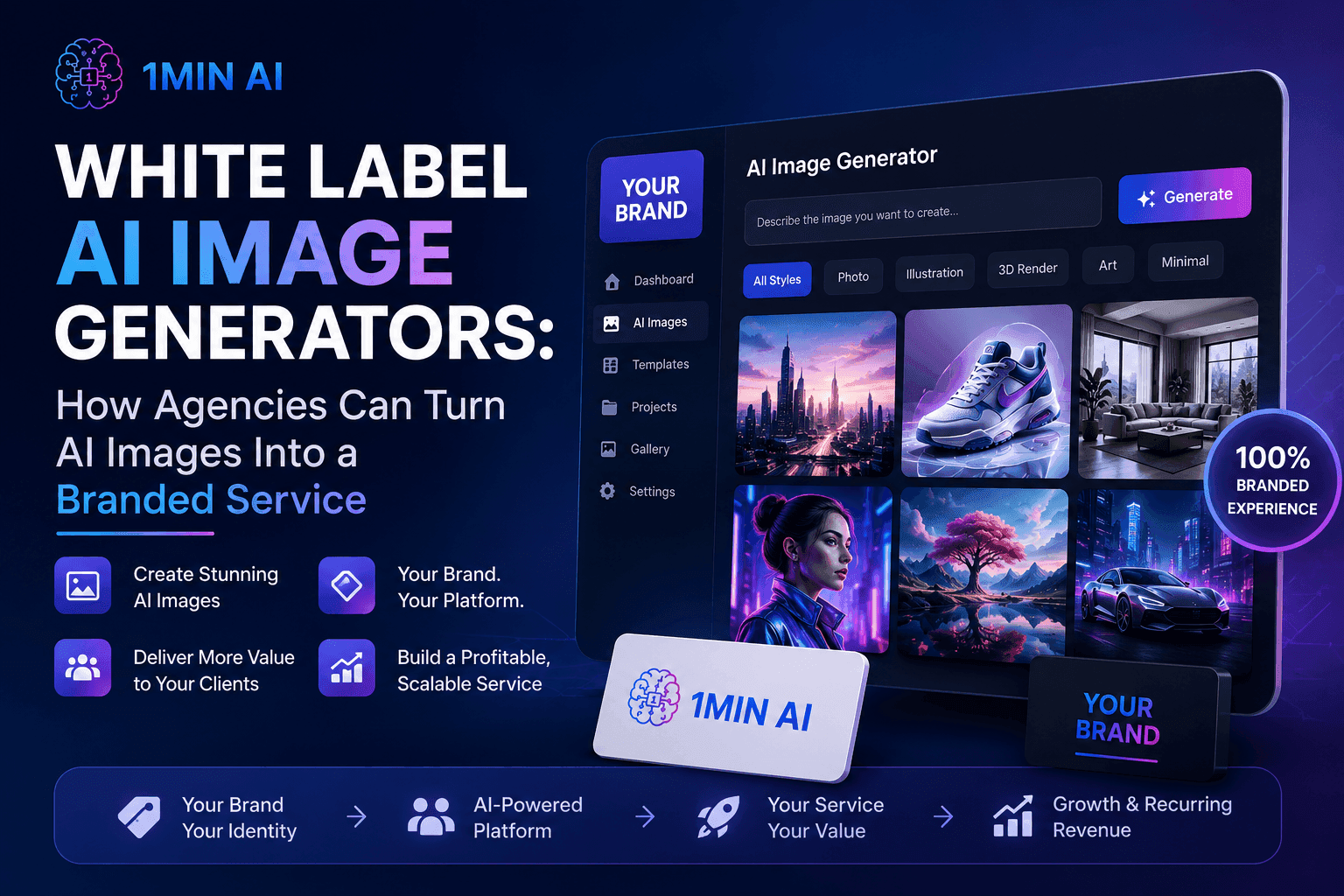 1MIN AI promotes white label AI image generators for agencies to offer branded services.