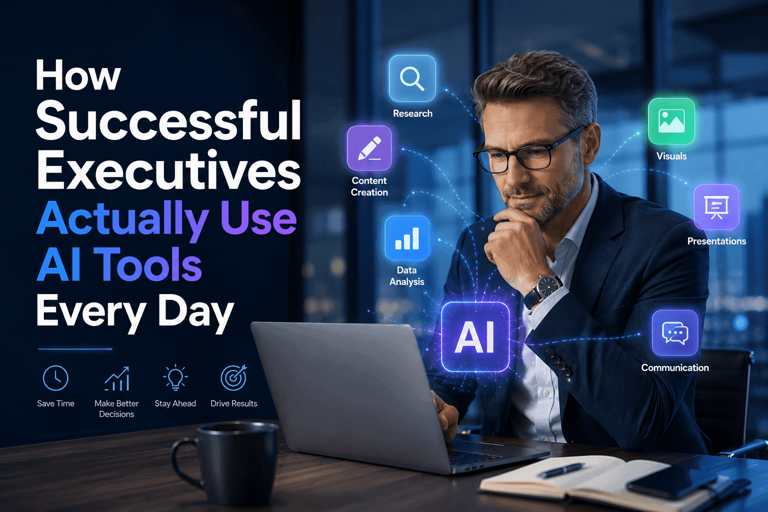 Executive in glasses analyzing AI tools and their daily applications on a laptop.