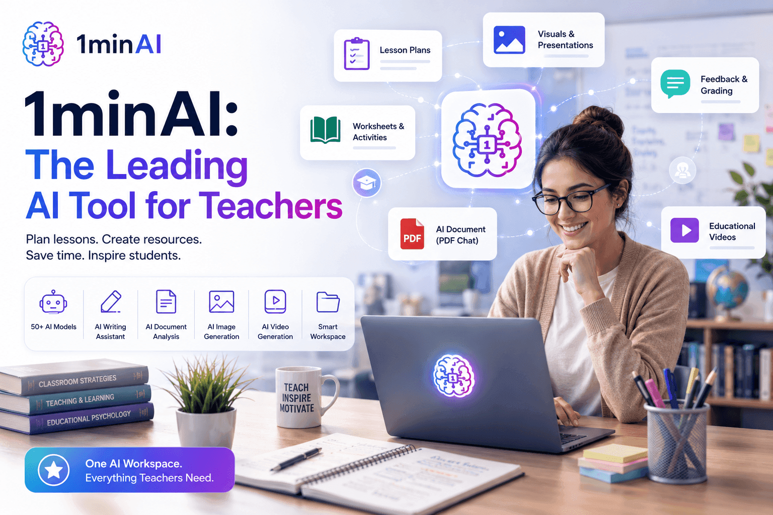Smiling teacher uses 1minAI on laptop, showcasing its AI educational tools and features.