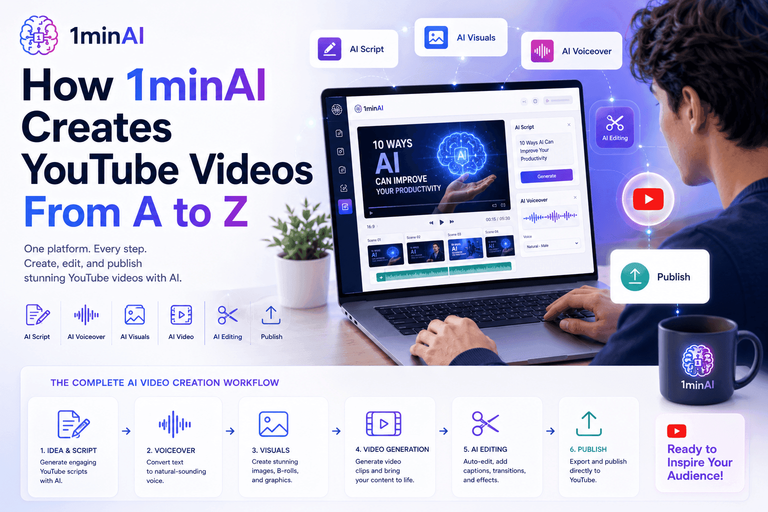 1minAI platform interface demonstrating YouTube video creation from A to Z using AI.