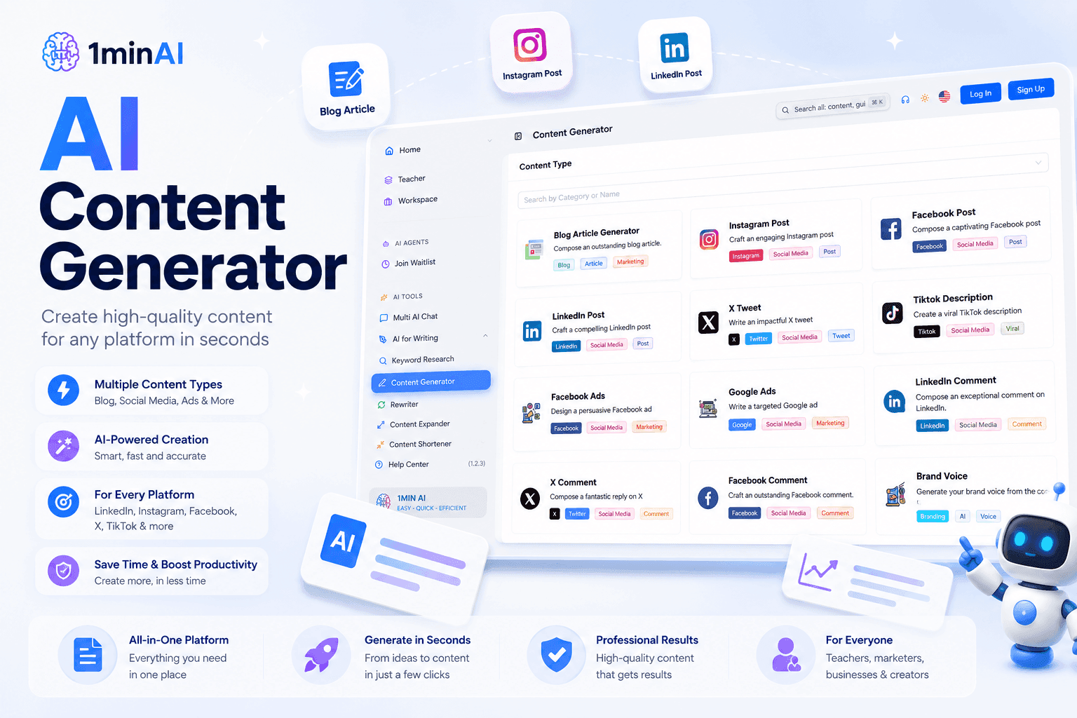 1minAI AI Content Generator showcasing its user interface for creating diverse content types.