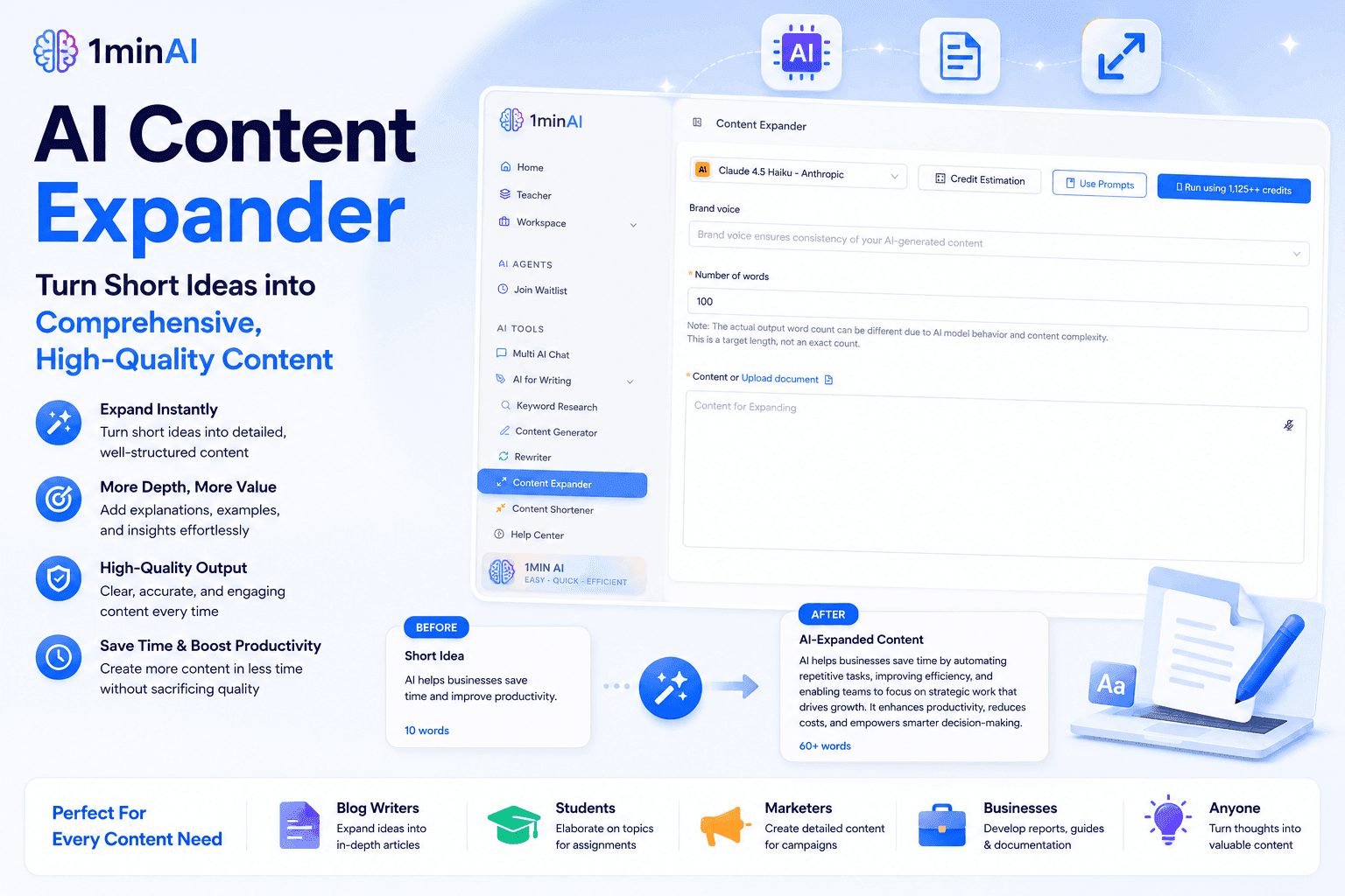 1minAI AI Content Expander promotional graphic showcasing features, UI, and target users.