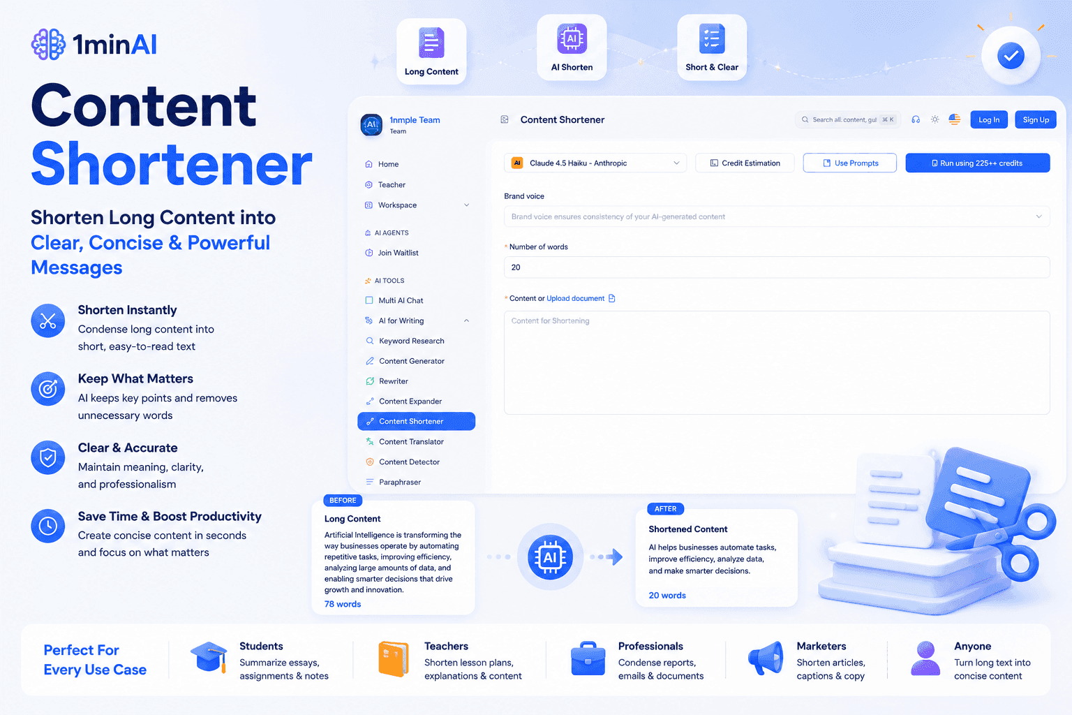 1minAI Content Shortener software interface showing text input and shortened output fields.