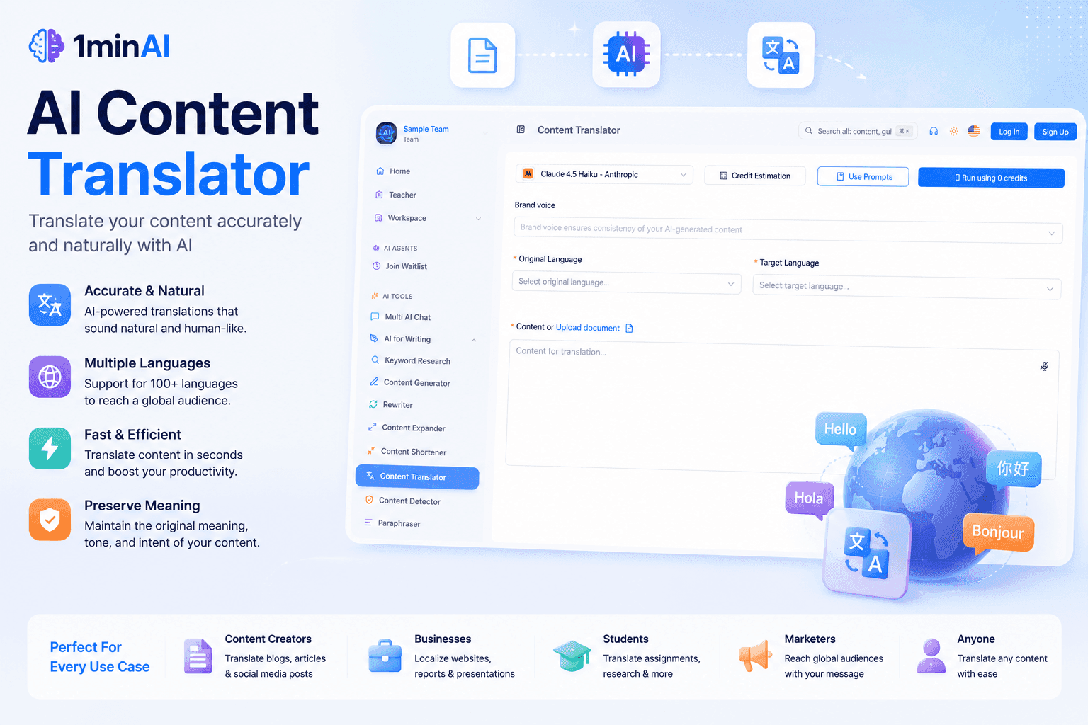 1minAI AI Content Translator interface showing content translation features and benefits.