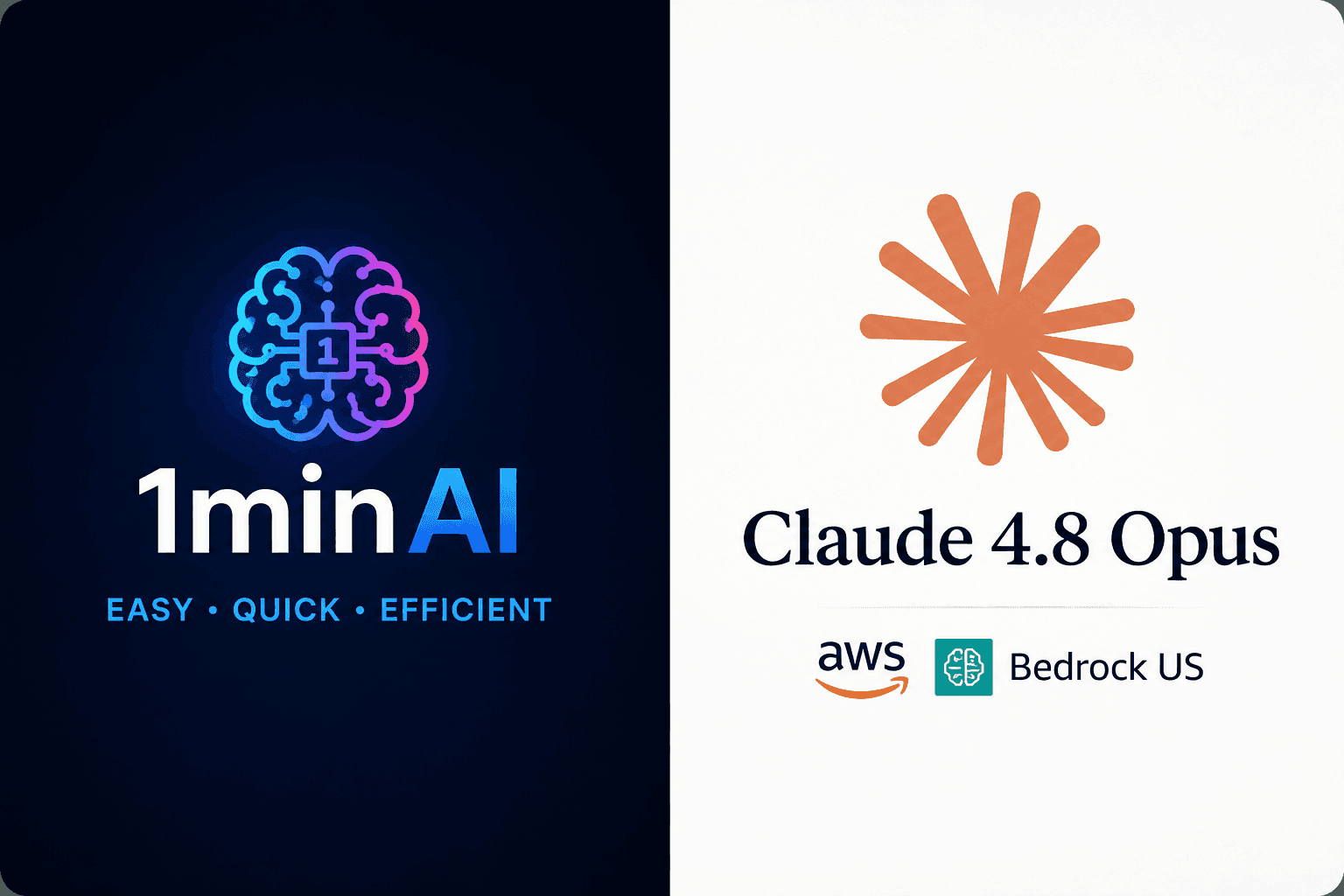 Dual logos: 1minAI with a brain icon and Claude 4.8 Opus with a starburst icon.