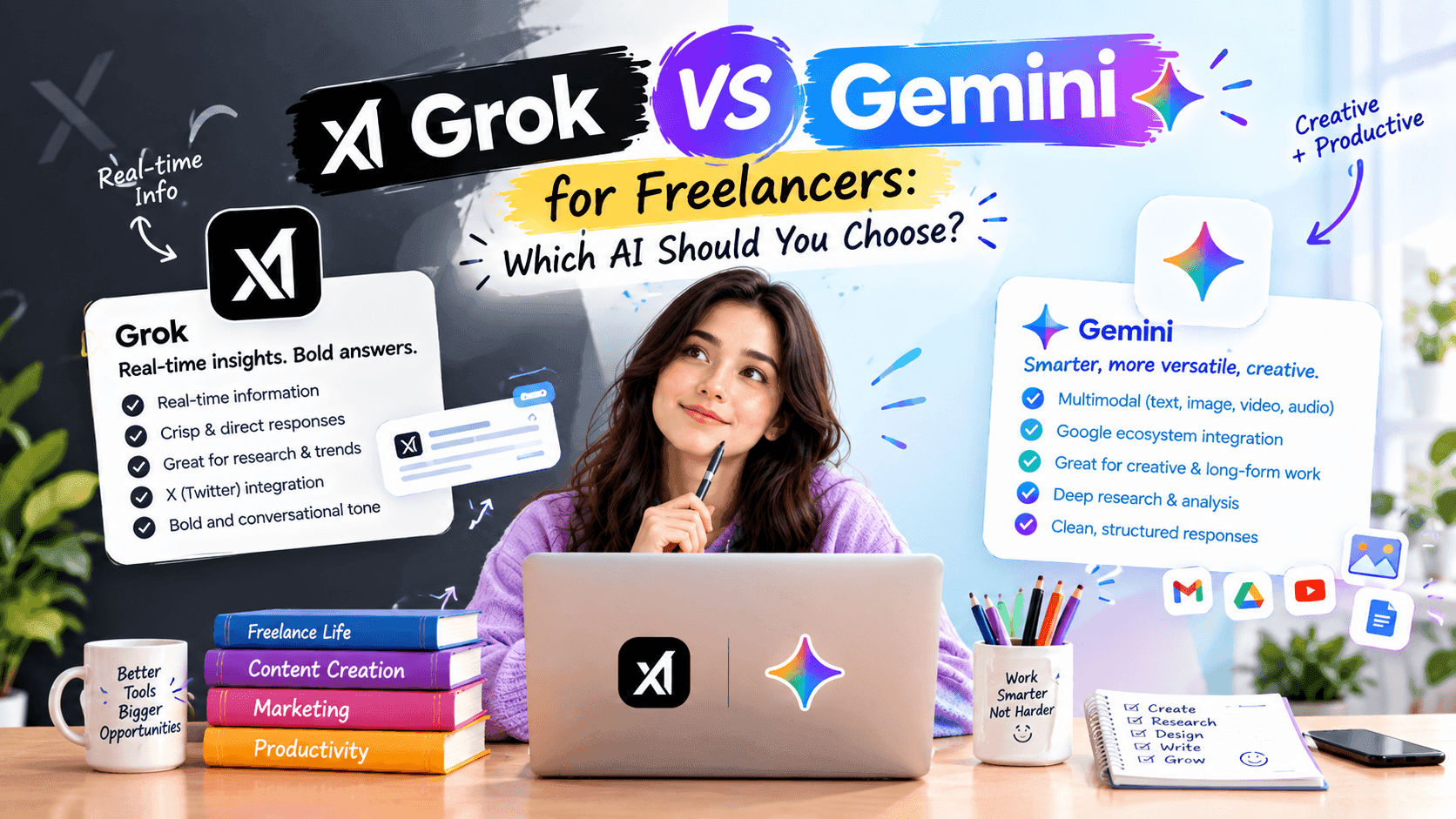 Woman comparing Grok and Gemini AI tools for freelancers, with feature lists displayed.