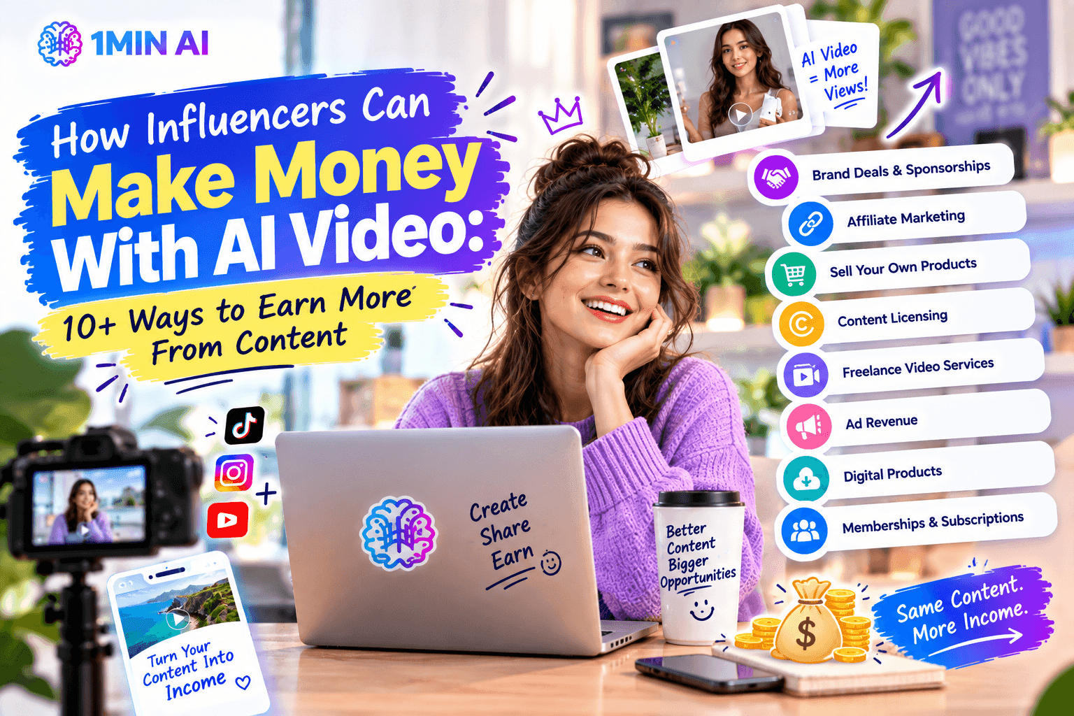 Smiling woman with laptop, AI video content monetization strategies displayed around her.