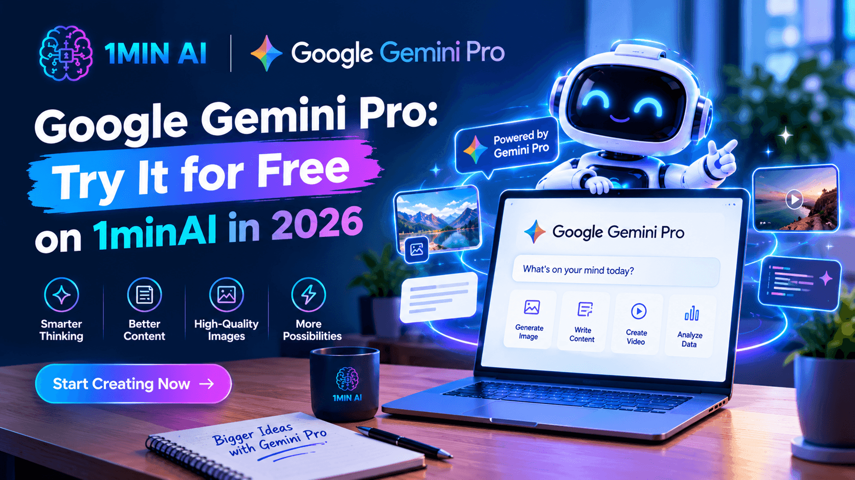 Google Gemini Pro promotional banner from 1minAI featuring a laptop and robot.