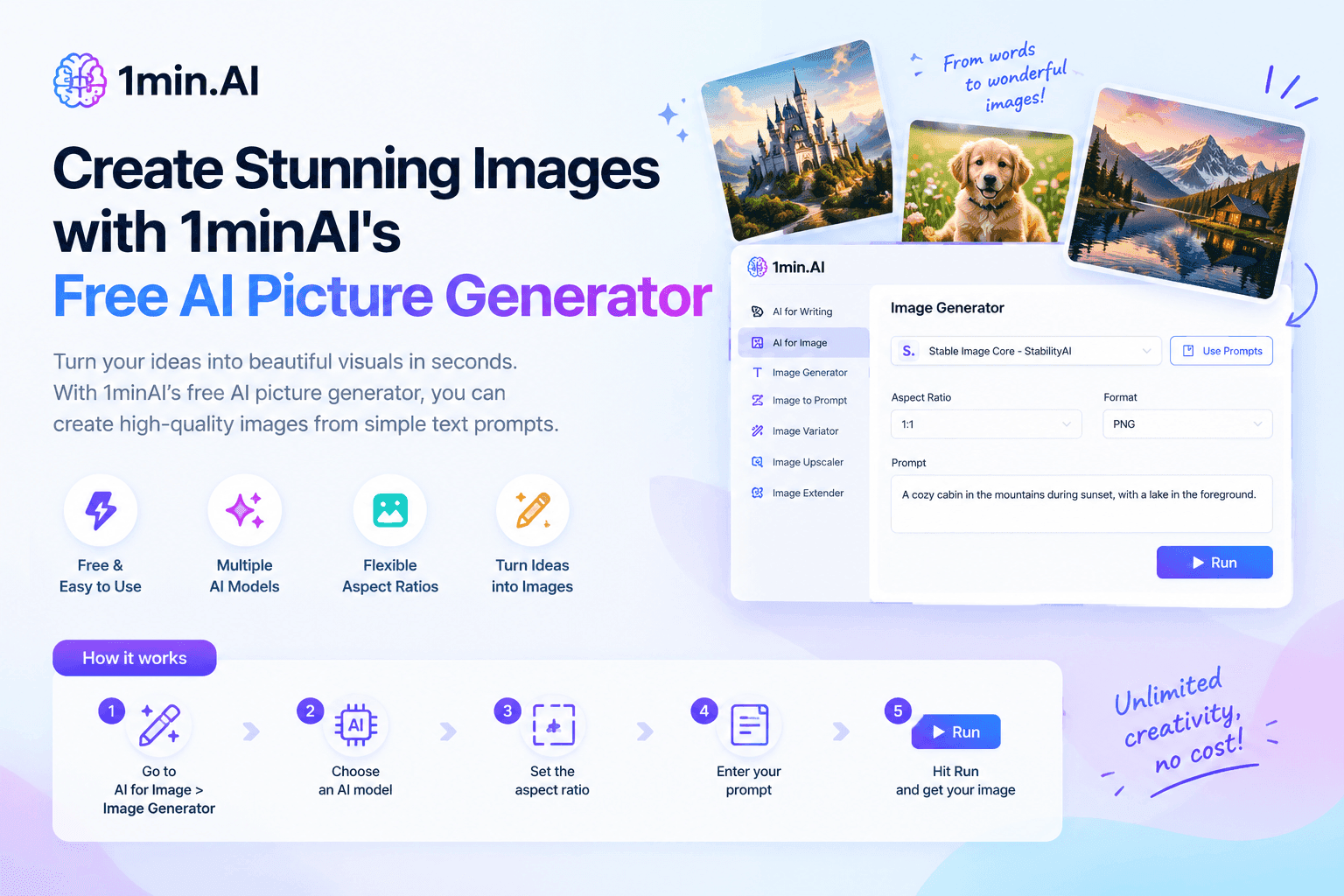1min.AI Free AI Picture Generator promotional graphic with interface and example images.
