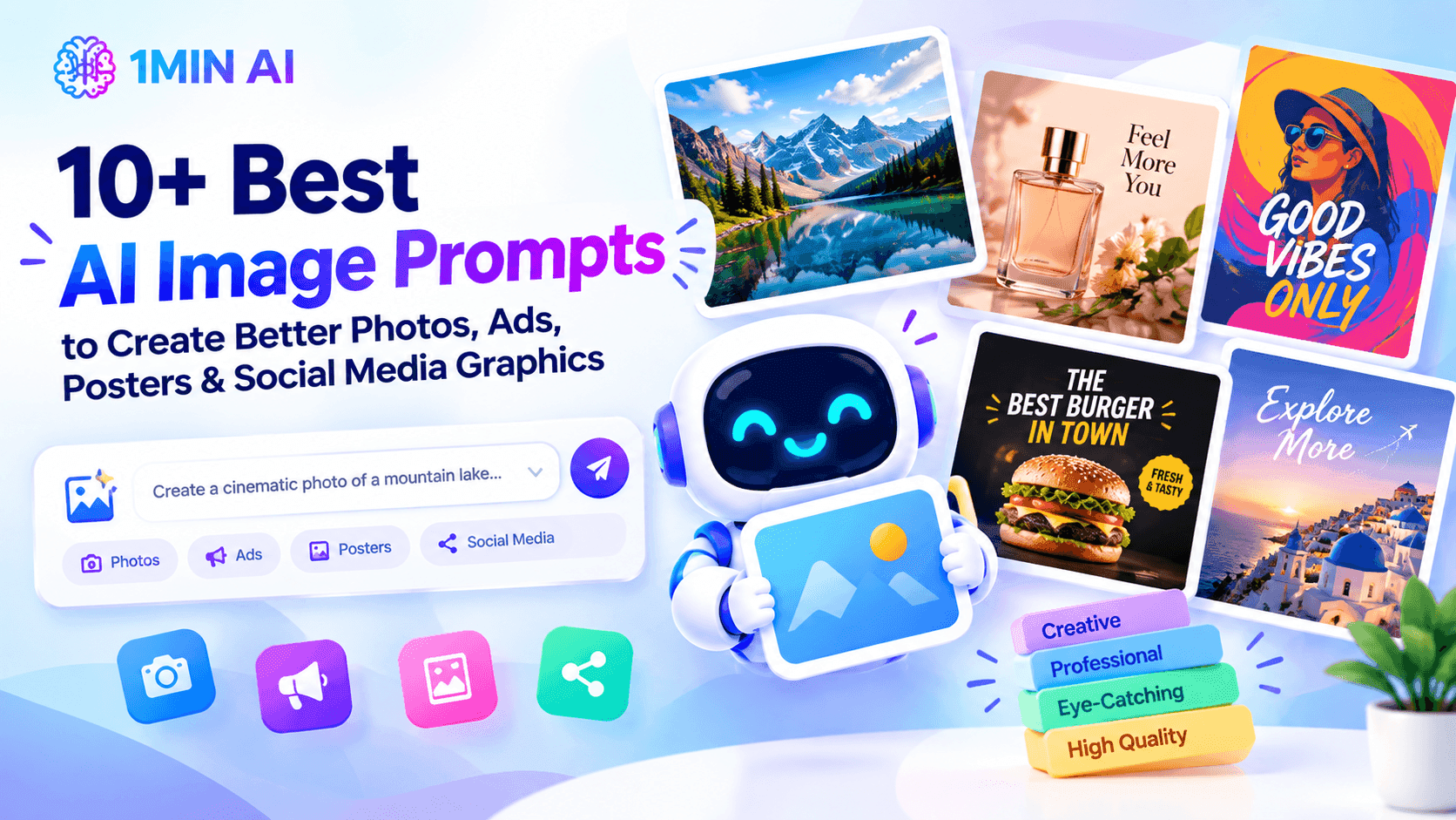 Ad for 1MIN AI featuring a robot showcasing diverse AI image prompts for graphics.
