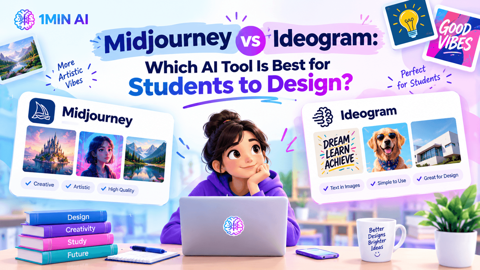 Comparison of Midjourney and Ideogram AI tools for student design.
