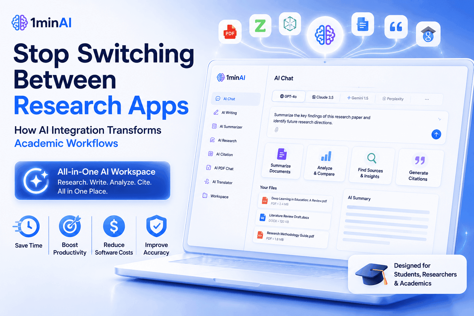 1minAI workspace graphic promoting AI integration to streamline academic research workflows.