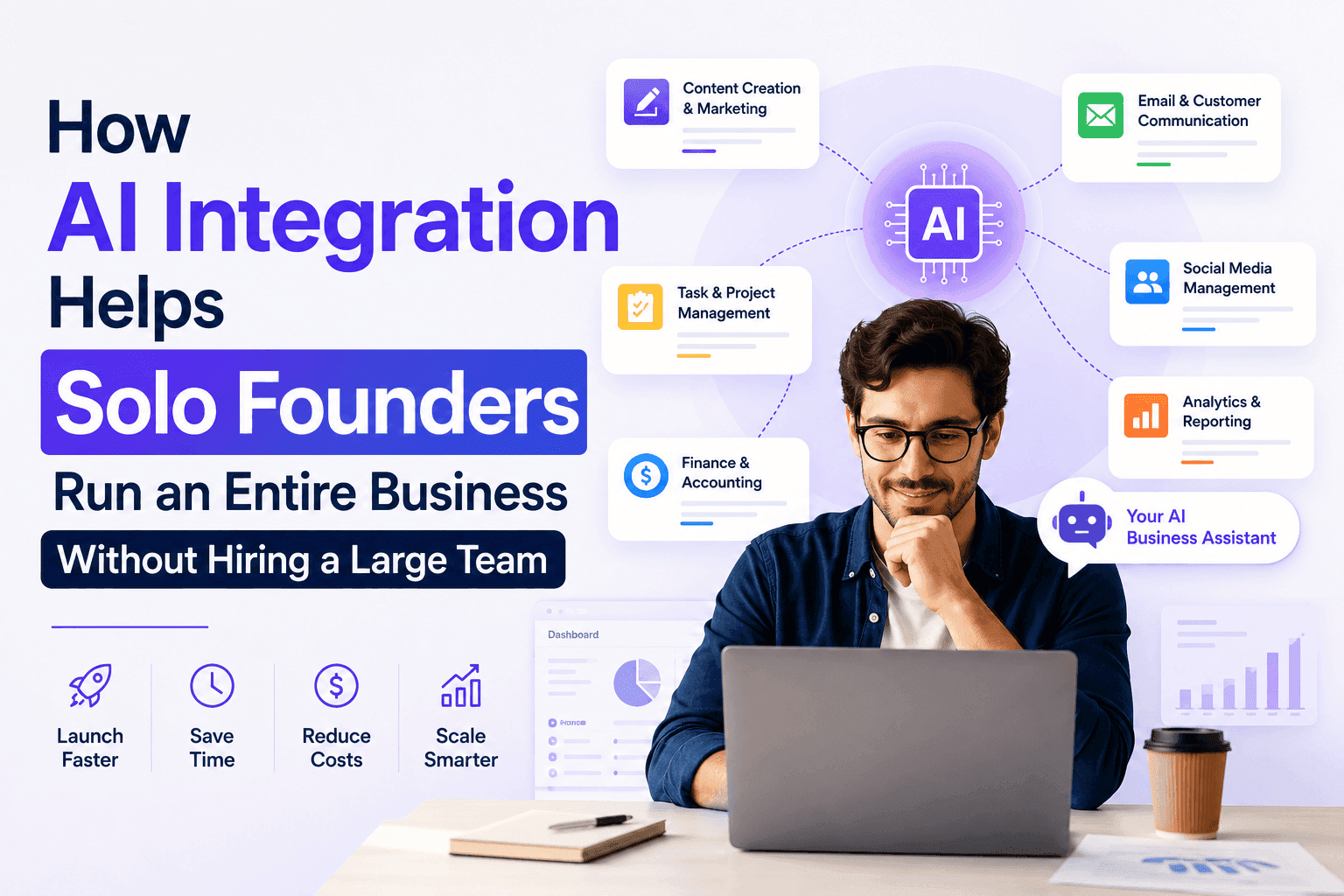 Man using laptop, surrounded by AI integration benefits for solo founders' businesses.