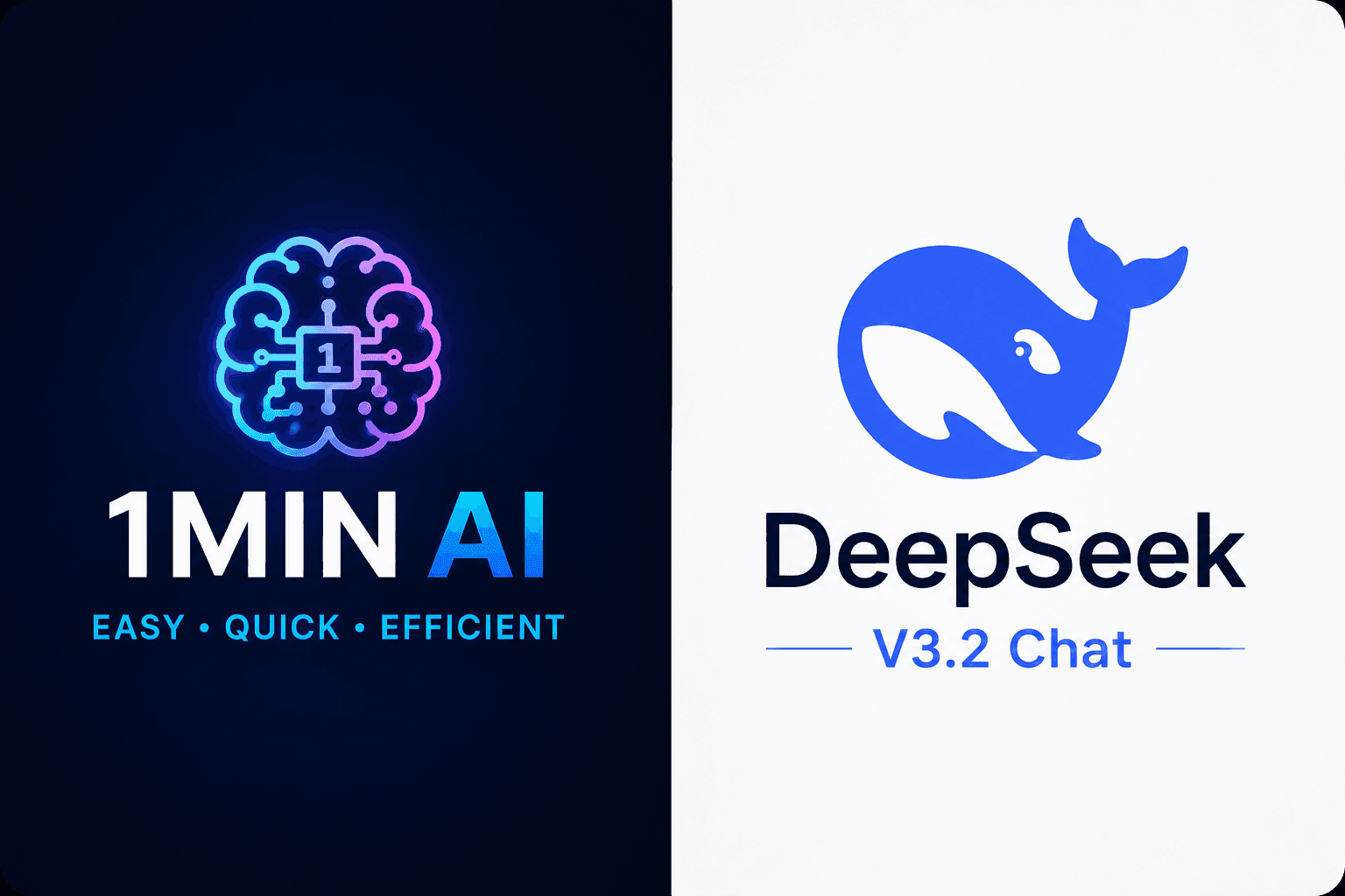 Split image showing 1MIN AI with brain logo and DeepSeek V3.2 Chat with whale logo.