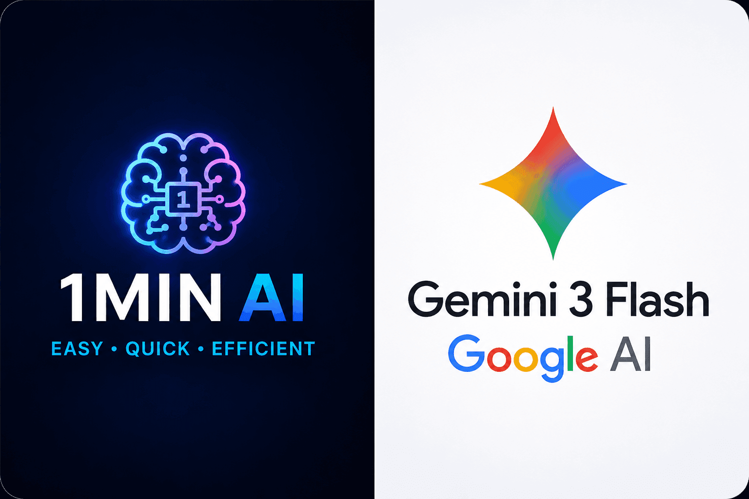 1MIN AI logo with brain icon and Gemini 3 Flash with Google AI logo.