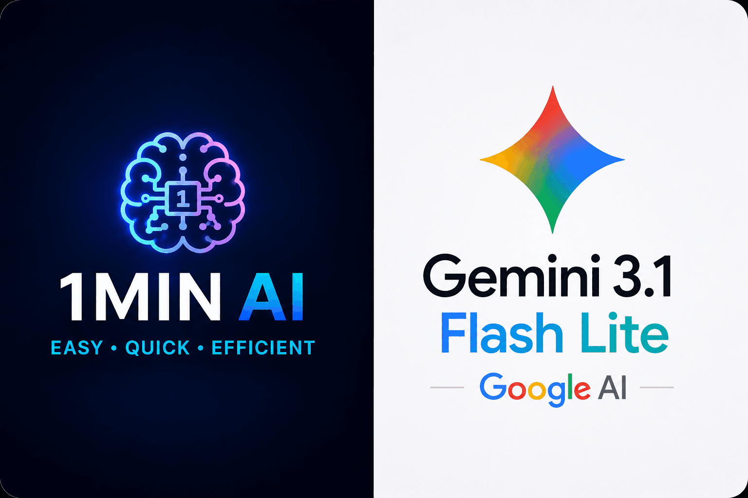 Logos for '1MIN AI' with a brain icon and 'Gemini 3.1 Flash Lite' by Google AI, side-by-side.